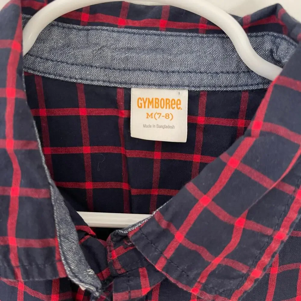 Gymboree Boys Gingham‎ Button Down Collared Shirt Red Blue Size 7/8